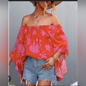 Women's small Summer Off Shoulder Shirt Casual Loose 3/4 Batwing Sleeve Smocked